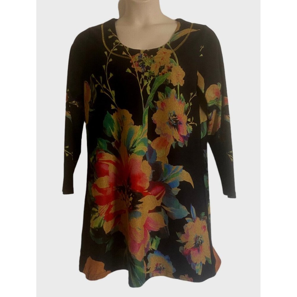 Radzoli Black And Red Floral Long Tunic Size XL Long Sleeve Soft Stretch Fabric